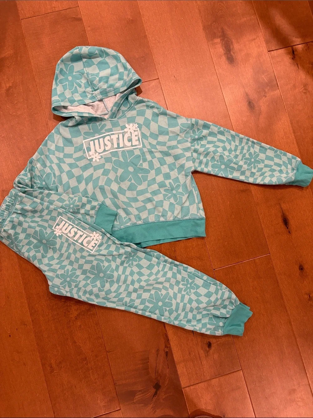 Justice Girls Teal Checkerboard Floral Hoodie & Joggers Set